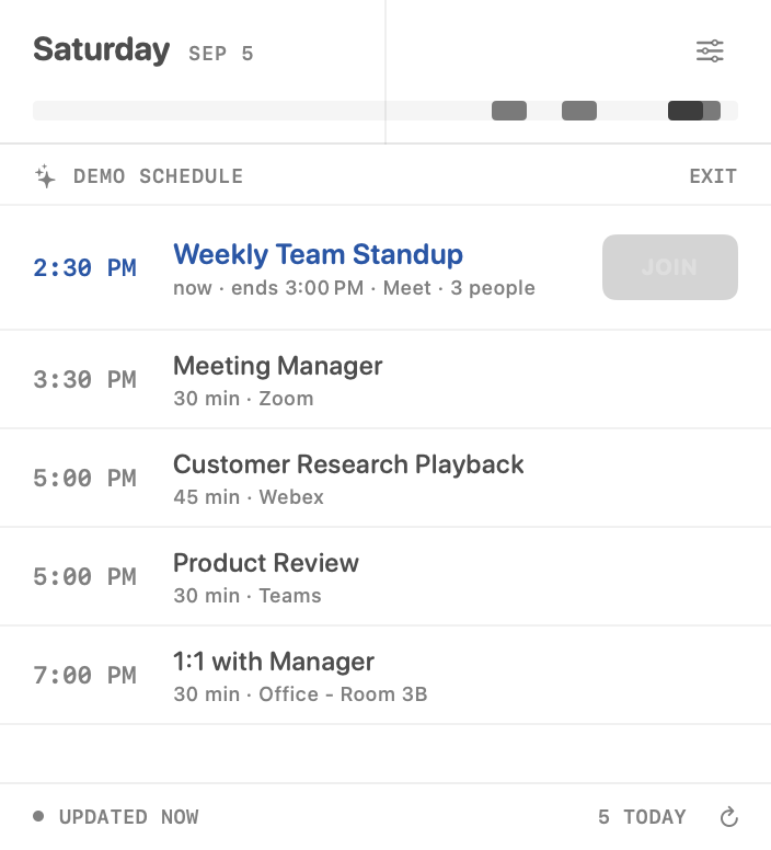 Menu Bar Meeting Manager showing an active meeting and the upcoming day schedule